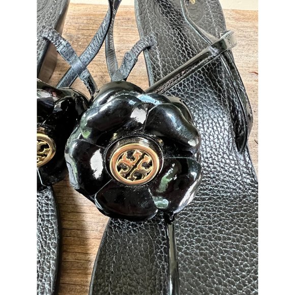 TORY BURCH Reva Logo Flower Blossom Logo Thong Wedge Sandals Breely 8 - Picture 3 of 10